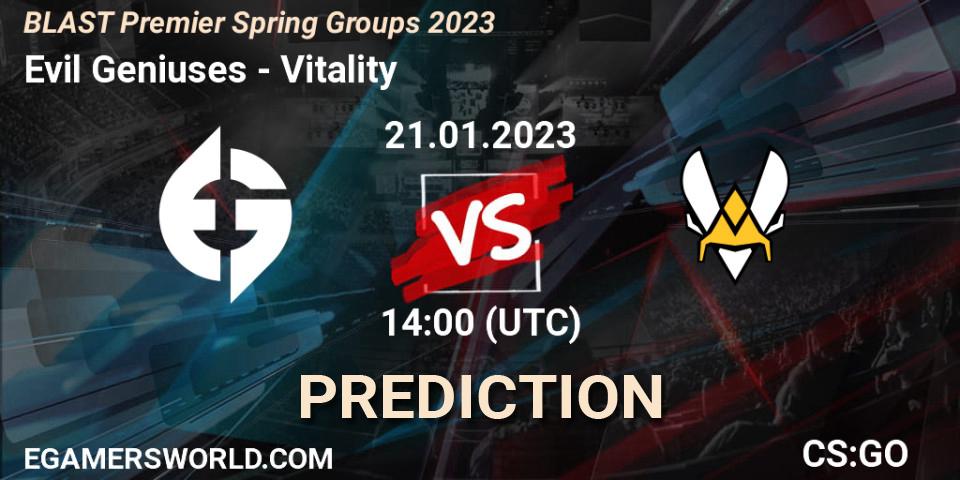 Evil Geniuses vs Vitality: Match Prediction. 21.01.2023 at 15:40, Counter-Strike (CS2), BLAST Premier Spring Groups 2023