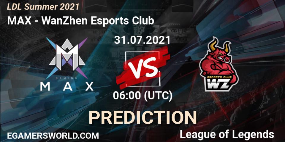 MAX vs WanZhen Esports Club: Match Prediction. 01.08.2021 at 06:00, LoL, LDL Summer 2021
