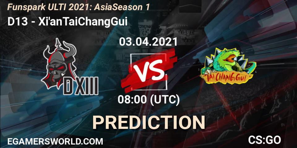 D13 vs Xi'anTaiChangGui: Match Prediction. 03.04.2021 at 09:30, Counter-Strike (CS2), Funspark ULTI 2021: Asia Season 1