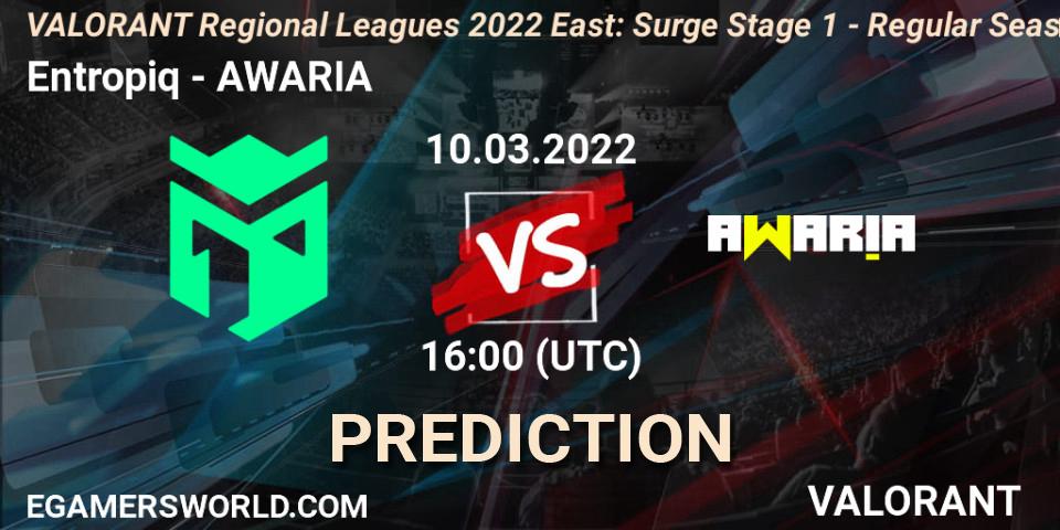 Entropiq vs AWARIA: Match Prediction. 10.03.2022 at 16:00, VALORANT, VALORANT Regional Leagues 2022 East: Surge Stage 1 - Regular Season