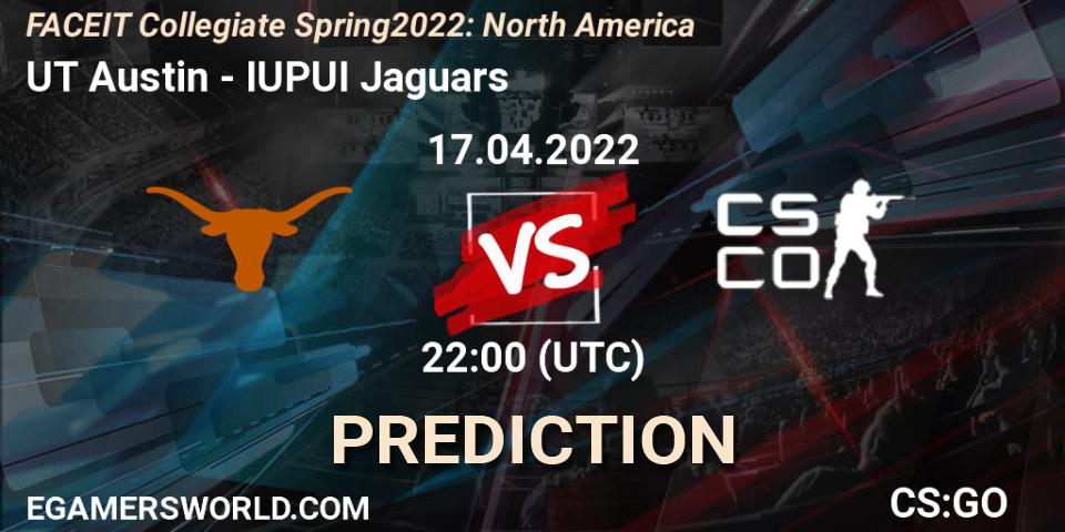 UT Austin vs IUPUI Jaguars: Match Prediction. 17.04.2022 at 22:00, Counter-Strike (CS2), FACEIT Collegiate Spring 2022: North America