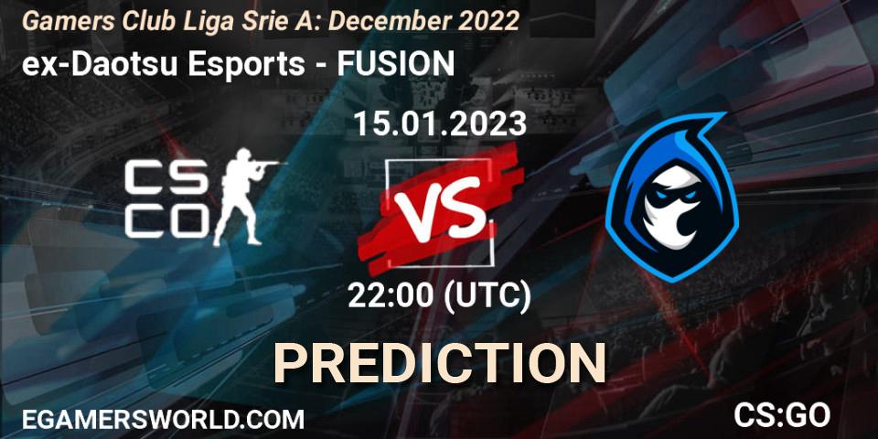 ex-Daotsu Esports vs FUSION: Match Prediction. 15.01.2023 at 22:00, Counter-Strike (CS2), Gamers Club Liga Série A: December 2022