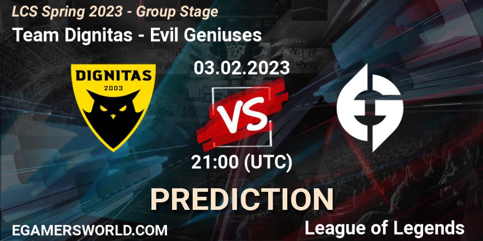 Team Dignitas vs Evil Geniuses: Match Prediction. 04.02.2023 at 00:00, LoL, LCS Spring 2023 - Group Stage