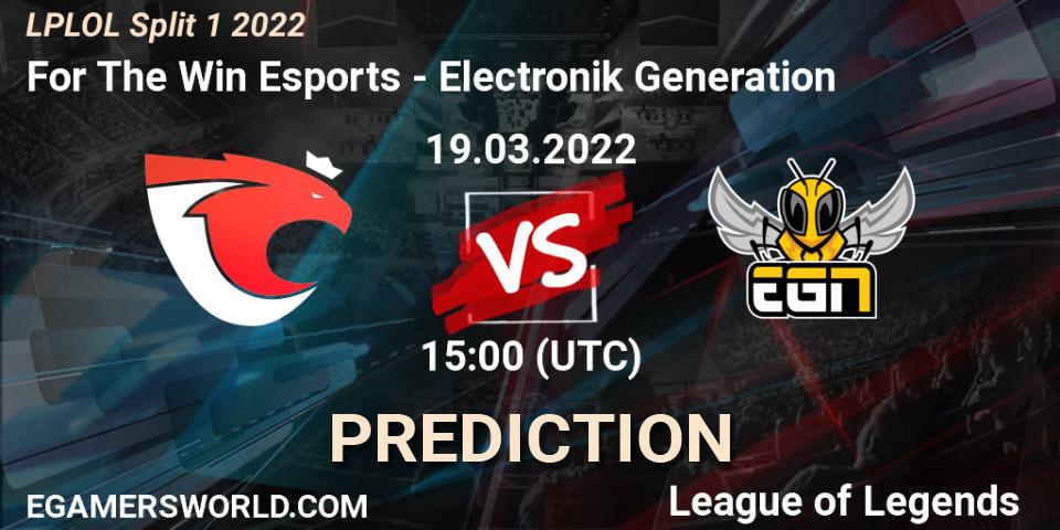 For The Win Esports vs Electronik Generation: Match Prediction. 19.03.2022 at 15:00, LoL, LPLOL Split 1 2022