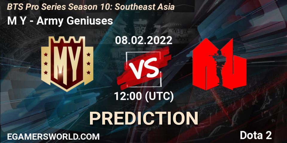 M Y vs Army Geniuses: Match Prediction. 08.02.2022 at 12:09, Dota 2, BTS Pro Series Season 10: Southeast Asia