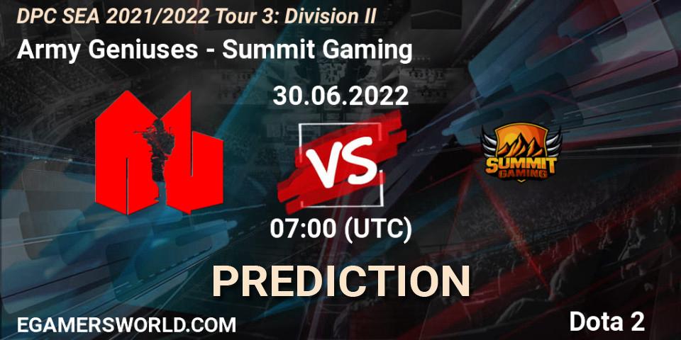 Army Geniuses vs Summit Gaming: Match Prediction. 30.06.2022 at 07:02, Dota 2, DPC SEA 2021/2022 Tour 3: Division II