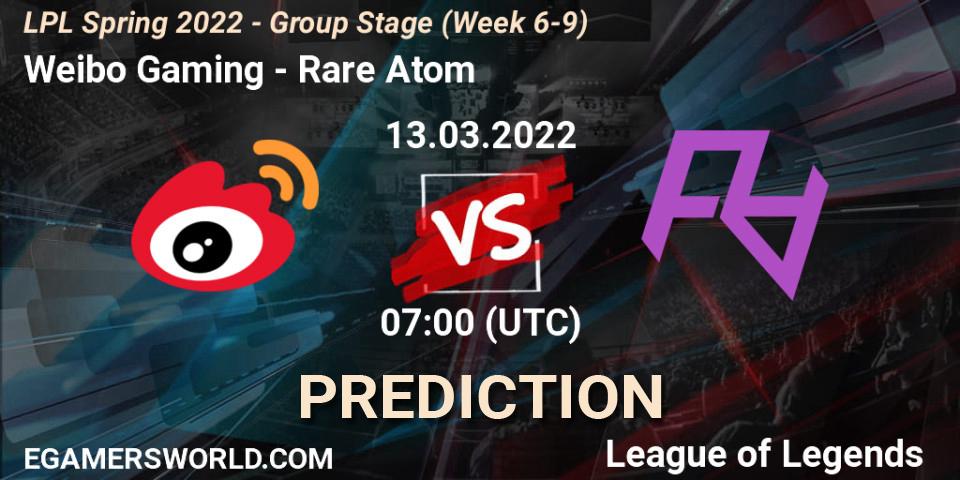 Weibo Gaming vs Rare Atom: Match Prediction. 13.03.2022 at 07:00, LoL, LPL Spring 2022 - Group Stage (Week 6-9)