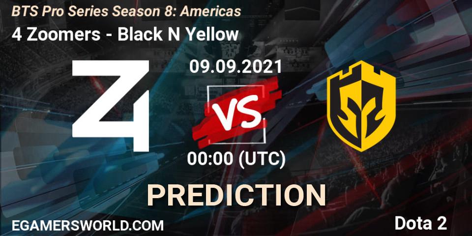 4 Zoomers vs Black N Yellow: Match Prediction. 09.09.2021 at 01:39, Dota 2, BTS Pro Series Season 8: Americas