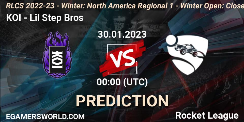 KOI vs Lil Step Bros: Match Prediction. 30.01.2023 at 00:00, Rocket League, RLCS 2022-23 - Winter: North America Regional 1 - Winter Open: Closed Qualifier