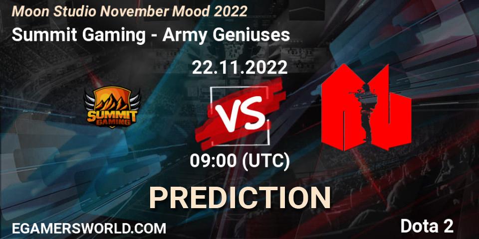 Summit Gaming vs Army Geniuses: Match Prediction. 22.11.2022 at 09:13, Dota 2, Moon Studio November Mood 2022