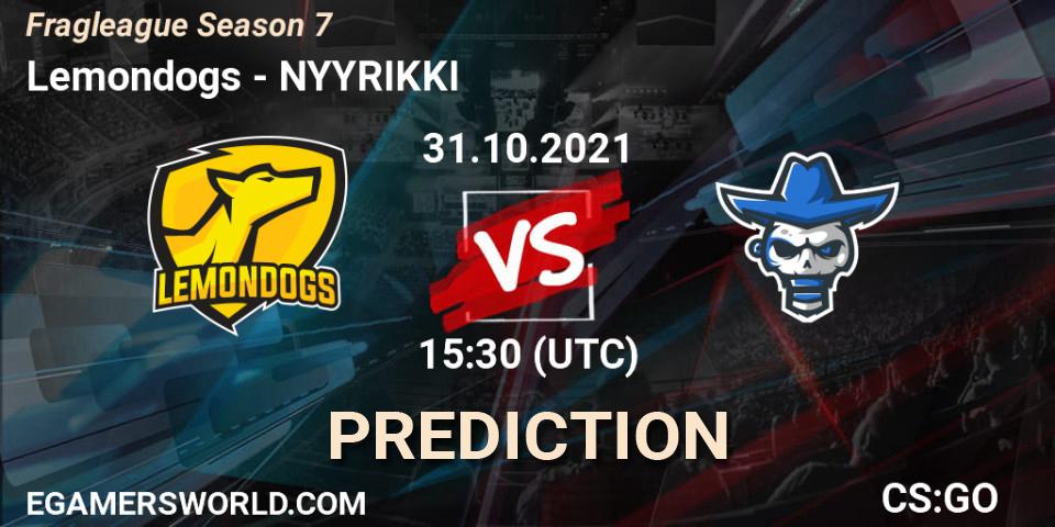 Lemondogs vs NYYRIKKI: Match Prediction. 31.10.2021 at 15:30, Counter-Strike (CS2), Fragleague Season 7