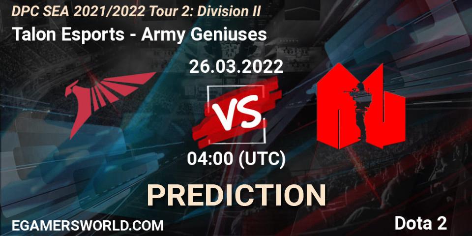 Talon Esports vs Army Geniuses: Match Prediction. 26.03.2022 at 04:02, Dota 2, DPC 2021/2022 Tour 2: SEA Division II (Lower)