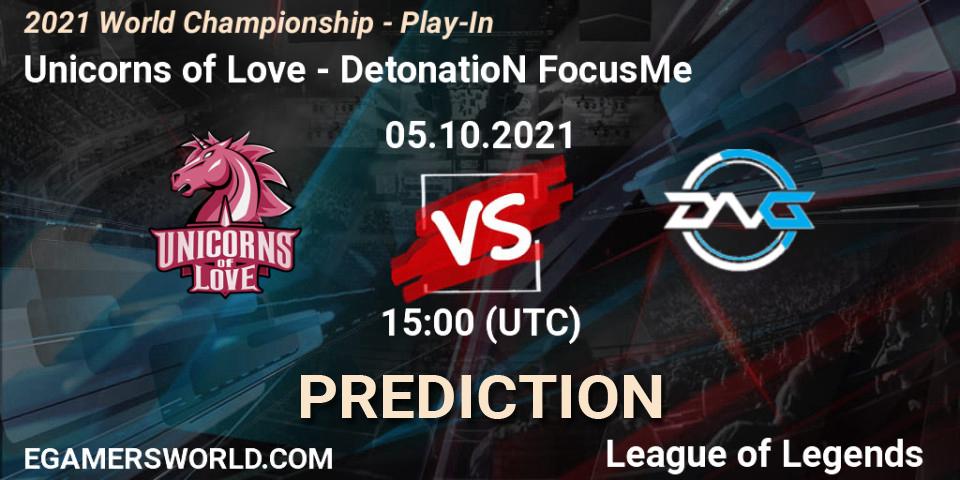 Unicorns of Love vs DetonatioN FocusMe: Match Prediction. 05.10.2021 at 15:10, LoL, 2021 World Championship - Play-In
