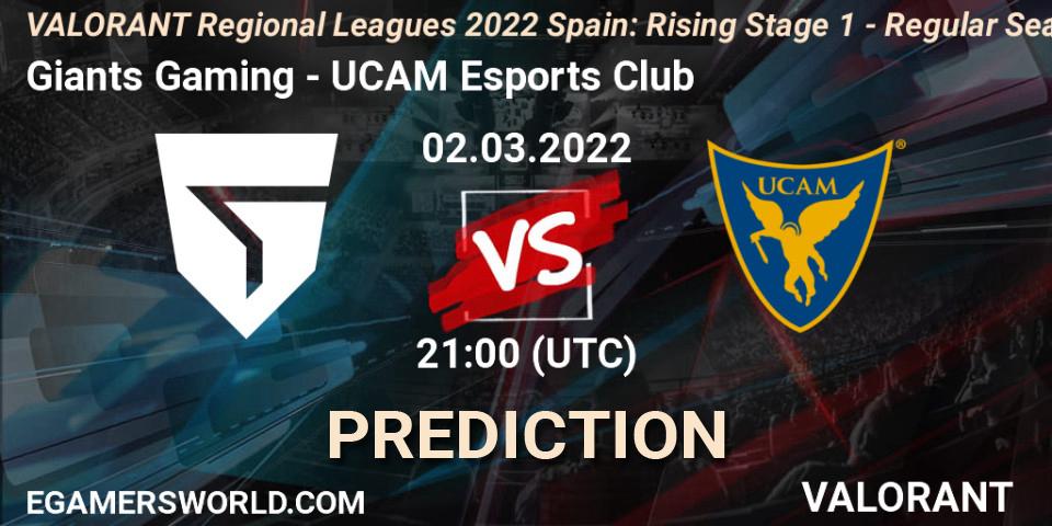 Giants Gaming vs UCAM Esports Club: Match Prediction. 02.03.2022 at 21:10, VALORANT, VALORANT Regional Leagues 2022 Spain: Rising Stage 1 - Regular Season