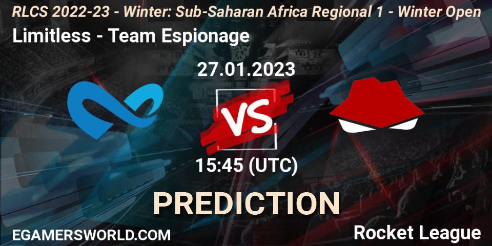 Limitless vs Team Espionage: Match Prediction. 27.01.2023 at 15:45, Rocket League, RLCS 2022-23 - Winter: Sub-Saharan Africa Regional 1 - Winter Open