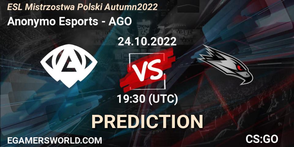 Anonymo Esports vs AGO: Match Prediction. 24.10.2022 at 18:15, Counter-Strike (CS2), ESL Mistrzostwa Polski Autumn 2022