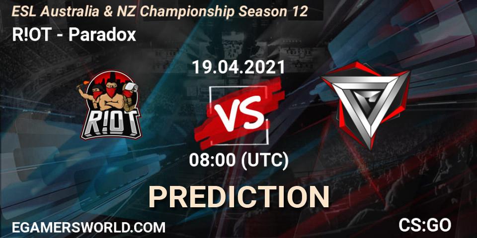 R!OT vs Paradox: Match Prediction. 19.04.2021 at 08:00, Counter-Strike (CS2), ESL Australia & NZ Championship Season 12