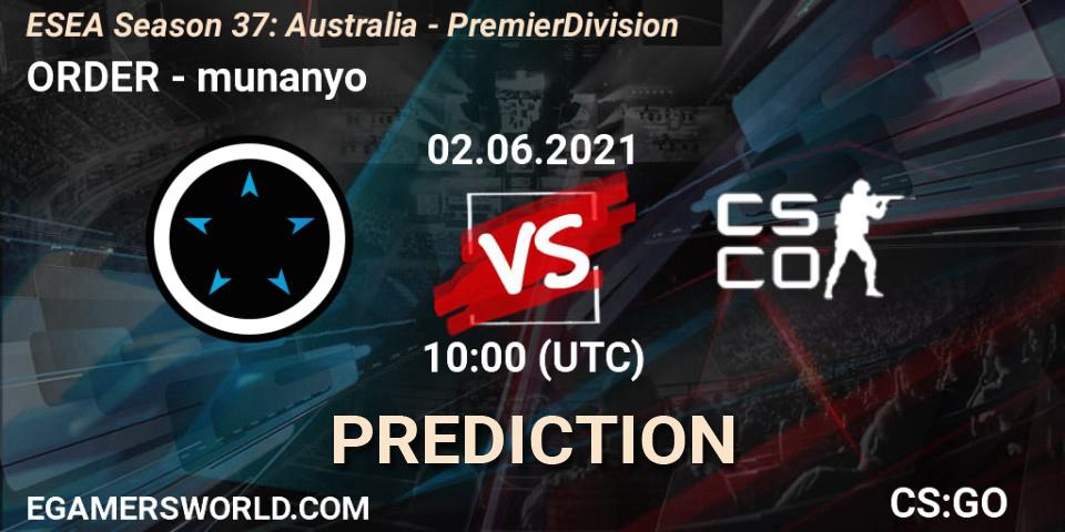 ORDER vs munanyo: Match Prediction. 02.06.2021 at 10:00, Counter-Strike (CS2), ESEA Season 37: Australia - Premier Division