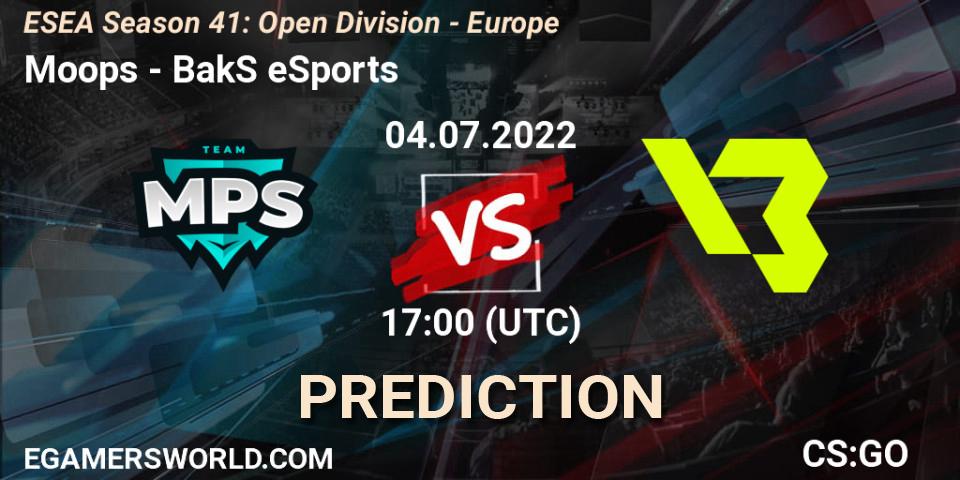 Moops vs BakS eSports: Match Prediction. 04.07.2022 at 17:00, Counter-Strike (CS2), ESEA Season 41: Open Division - Europe