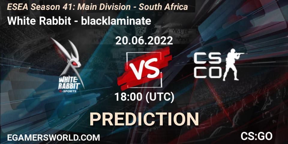 White Rabbit vs blacklaminate: Match Prediction. 20.06.2022 at 18:00, Counter-Strike (CS2), ESEA Season 41: Main Division - South Africa