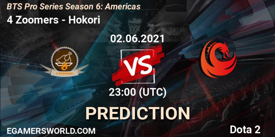 4 Zoomers vs Hokori: Match Prediction. 02.06.2021 at 22:33, Dota 2, BTS Pro Series Season 6: Americas