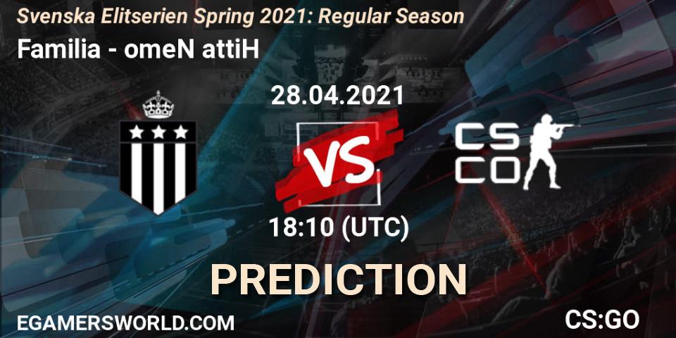 Familia vs omeN attiH: Match Prediction. 28.04.2021 at 18:10, Counter-Strike (CS2), Svenska Elitserien Spring 2021: Regular Season