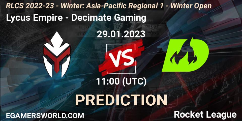 Lycus Empire vs Decimate Gaming: Match Prediction. 29.01.2023 at 11:00, Rocket League, RLCS 2022-23 - Winter: Asia-Pacific Regional 1 - Winter Open