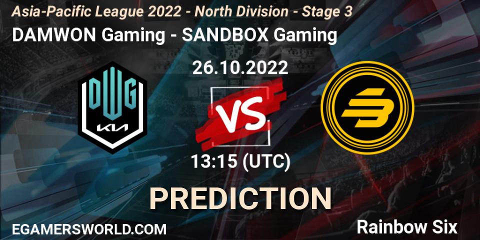 DAMWON Gaming vs SANDBOX Gaming: Match Prediction. 26.10.2022 at 13:15, Rainbow Six, Asia-Pacific League 2022 - North Division - Stage 3
