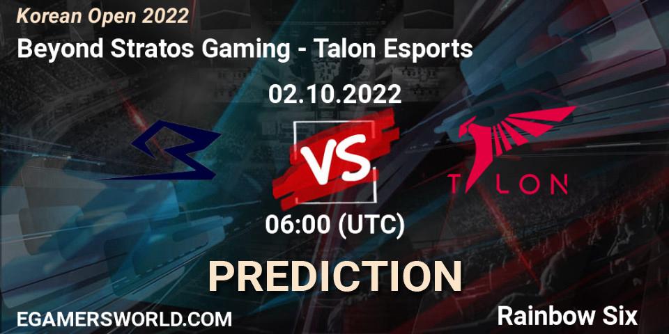 Beyond Stratos Gaming vs Talon Esports: Match Prediction. 02.10.2022 at 06:00, Rainbow Six, Korean Open 2022