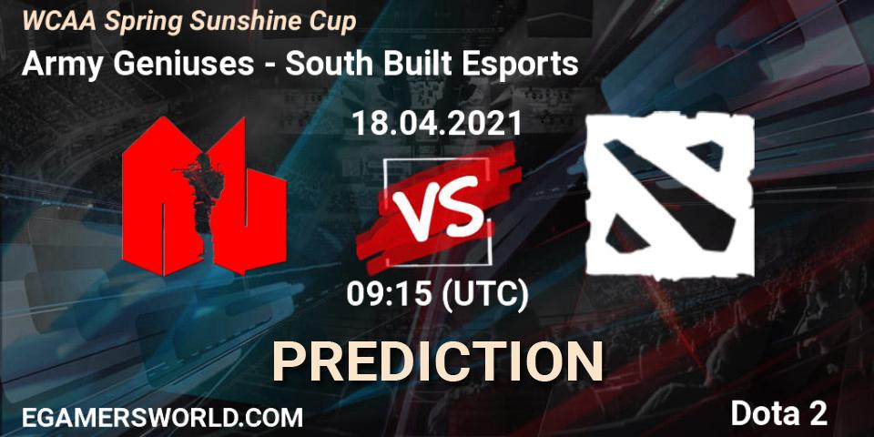 Army Geniuses vs South Built Esports: Match Prediction. 18.04.2021 at 09:15, Dota 2, WCAA Spring Sunshine Cup