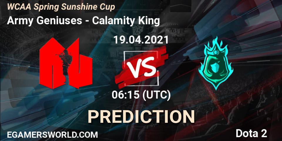Army Geniuses vs Calamity King: Match Prediction. 19.04.2021 at 06:27, Dota 2, WCAA Spring Sunshine Cup