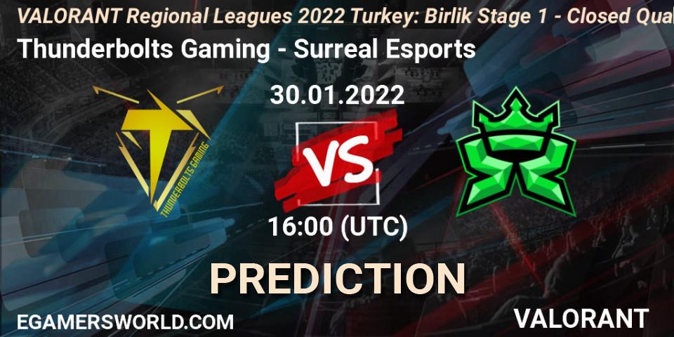 Thunderbolts Gaming vs Surreal Esports: Match Prediction. 30.01.2022 at 17:00, VALORANT, VALORANT Regional Leagues 2022 Turkey: Birlik Stage 1 - Closed Qualifier