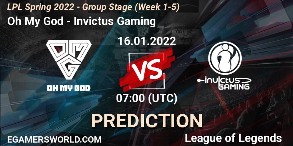 Oh My God vs Invictus Gaming: Match Prediction. 16.01.2022 at 07:00, LoL, LPL Spring 2022 - Group Stage (Week 1-5)