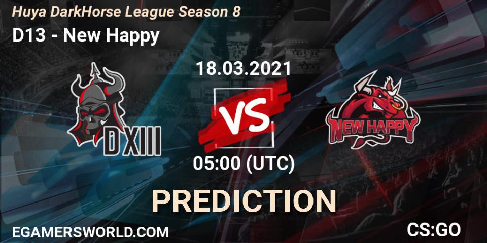 D13 vs New Happy: Match Prediction. 18.03.2021 at 05:00, Counter-Strike (CS2), Huya DarkHorse League Season 8