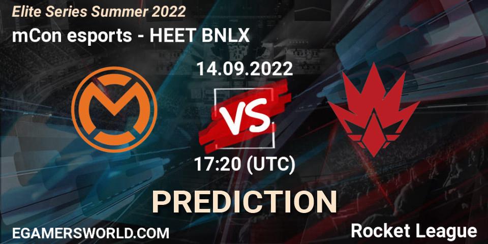 mCon esports vs HEET BNLX: Match Prediction. 14.09.2022 at 17:20, Rocket League, Elite Series Summer 2022