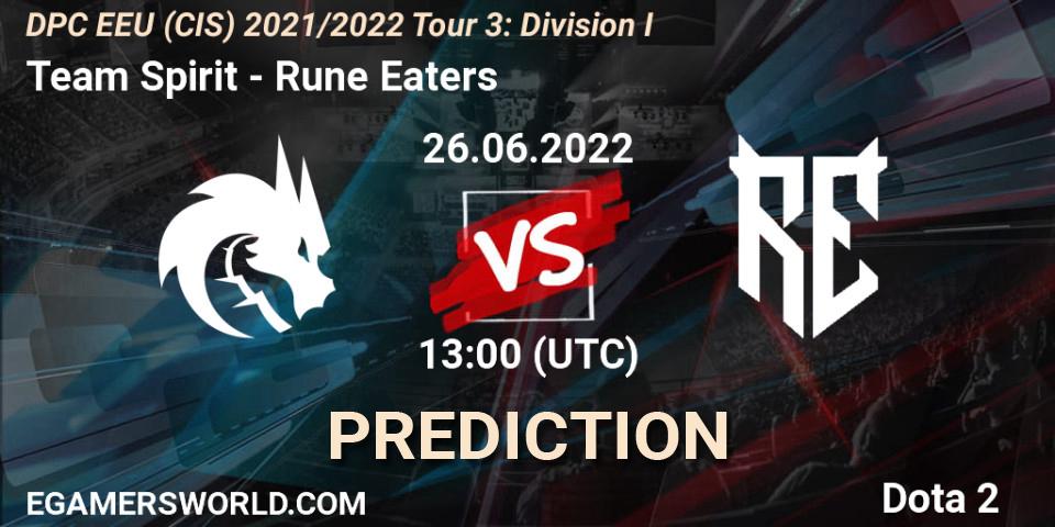 Team Spirit vs Rune Eaters: Match Prediction. 26.06.2022 at 13:01, Dota 2, DPC EEU (CIS) 2021/2022 Tour 3: Division I