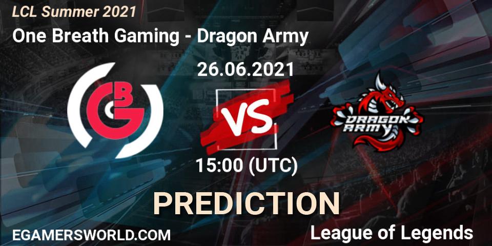 One Breath Gaming vs Dragon Army: Match Prediction. 27.06.2021 at 15:00, LoL, LCL Summer 2021