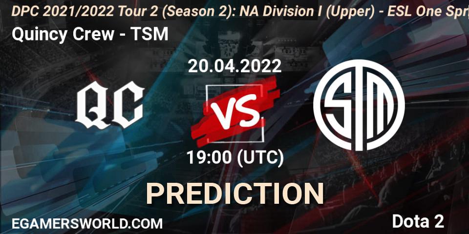 Quincy Crew vs TSM: Match Prediction. 20.04.2022 at 18:55, Dota 2, DPC 2021/2022 Tour 2 (Season 2): NA Division I (Upper) - ESL One Spring 2022