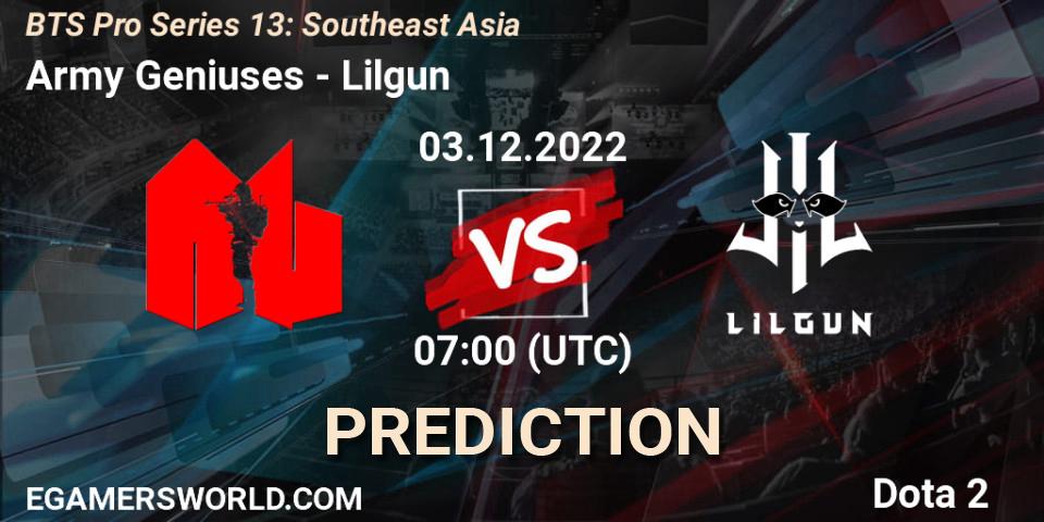 Army Geniuses vs Lilgun: Match Prediction. 03.12.22, Dota 2, BTS Pro Series 13: Southeast Asia