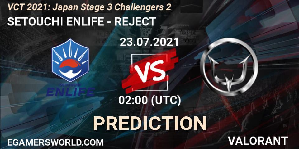 SETOUCHI ENLIFE vs REJECT: Match Prediction. 23.07.2021 at 02:00, VALORANT, VCT 2021: Japan Stage 3 Challengers 2