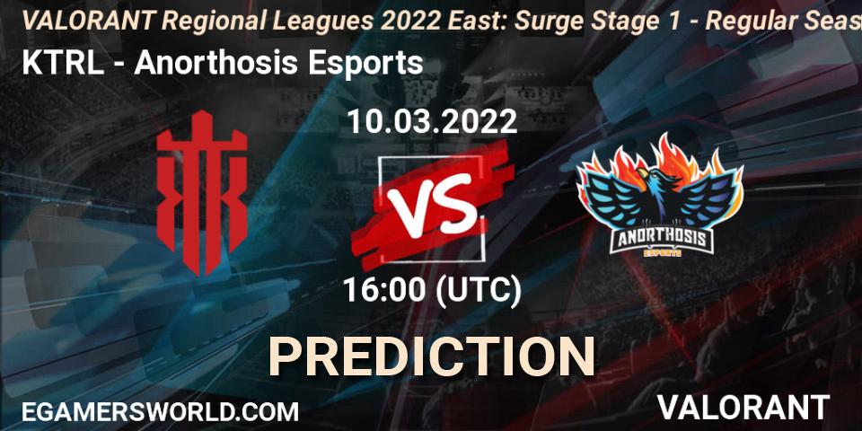 KTRL vs Anorthosis Esports: Match Prediction. 10.03.2022 at 16:00, VALORANT, VALORANT Regional Leagues 2022 East: Surge Stage 1 - Regular Season