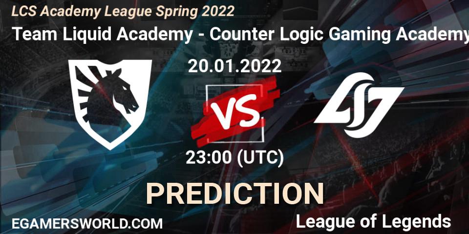 Team Liquid Academy vs Counter Logic Gaming Academy: Match Prediction. 20.01.2022 at 23:00, LoL, LCS Academy League Spring 2022