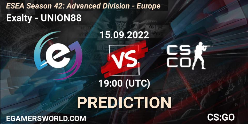 Exalty vs UNION88: Match Prediction. 15.09.2022 at 19:00, Counter-Strike (CS2), ESEA Season 42: Advanced Division - Europe