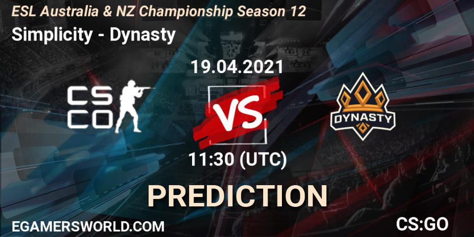 Simplicity vs Dynasty: Match Prediction. 19.04.2021 at 10:35, Counter-Strike (CS2), ESL Australia & NZ Championship Season 12