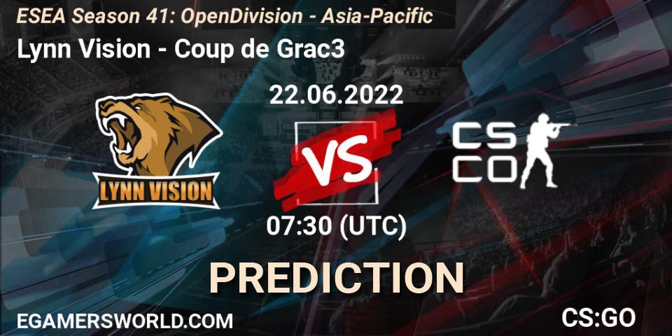 Lynn Vision vs Coup de Grac3: Match Prediction. 22.06.2022 at 07:30, Counter-Strike (CS2), ESEA Season 41: Open Division - Asia-Pacific