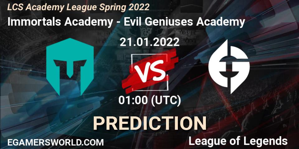 Immortals Academy vs Evil Geniuses Academy: Match Prediction. 21.01.2022 at 01:00, LoL, LCS Academy League Spring 2022