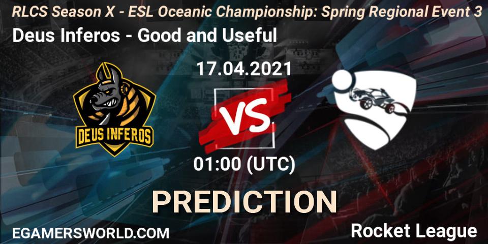 Deus Inferos vs Good and Useful: Match Prediction. 17.04.2021 at 01:00, Rocket League, RLCS Season X - ESL Oceanic Championship: Spring Regional Event 3