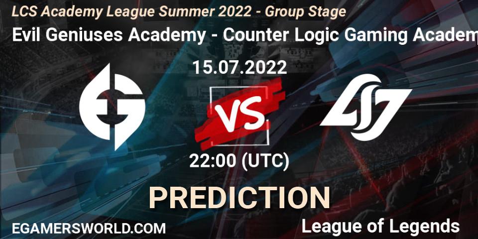 Evil Geniuses Academy vs Counter Logic Gaming Academy: Match Prediction. 15.07.2022 at 22:00, LoL, LCS Academy League Summer 2022 - Group Stage
