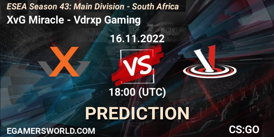 XvG Miracle vs Vdrxp Gaming: Match Prediction. 16.11.2022 at 18:00, Counter-Strike (CS2), ESEA Season 43: Main Division - South Africa