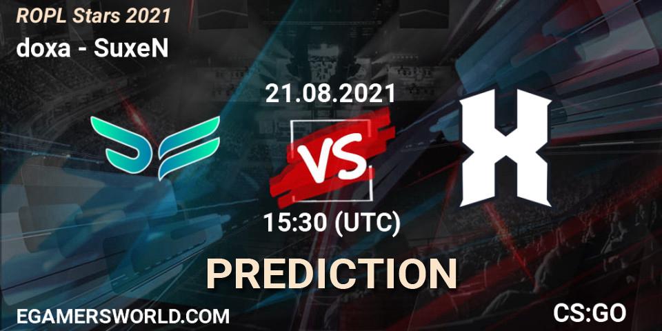 doxa vs SuxeN: Match Prediction. 21.08.2021 at 15:30, Counter-Strike (CS2), ROPL Stars 2021